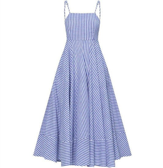 Fashion Striped Printed Waist-controlled Pleated Sling Dress