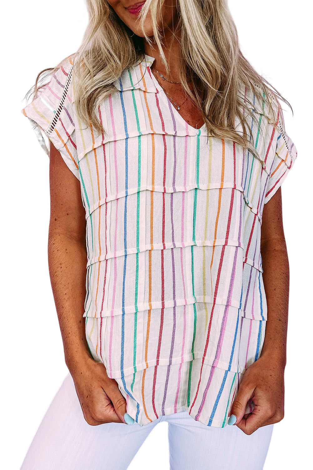 Blusa de manga japonesa con gradas y rayas multicolor