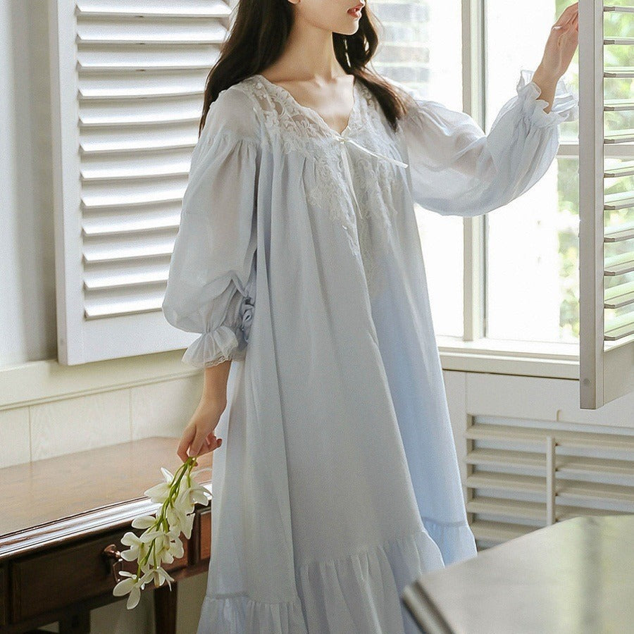 Women's Morning Gowns Spring And Autumn Cotton Long-sleeved Lace Pajamas Dress