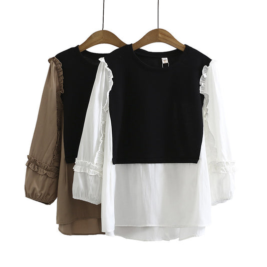 Two-piece Stitching Three-Quarter Sleeve Top With Fake Wood Ears