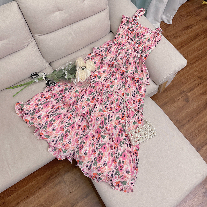 Floral Fashion Vacation Style Suspender Layered Dress