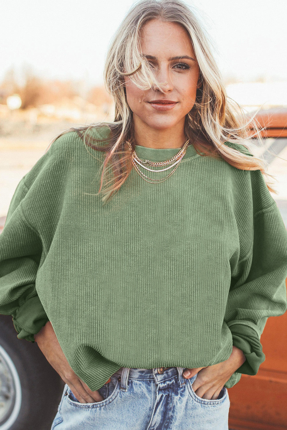 Green Ribbed Corded Oversized Sweatshirt