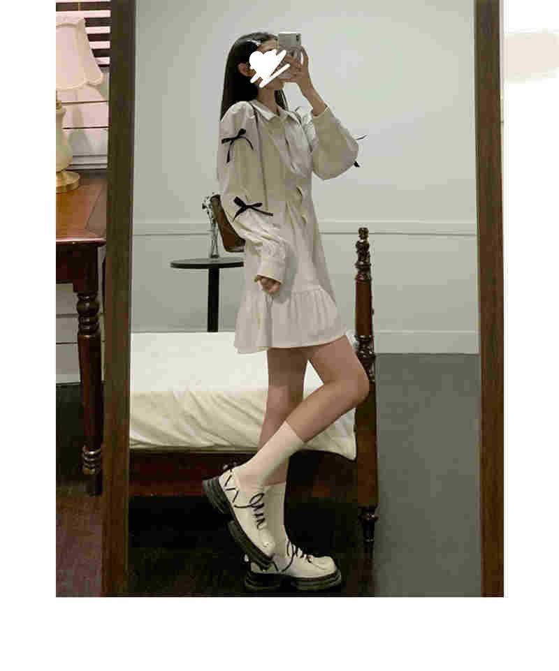 Bow Shirt Dress Women Polo Collar White Long Sleeve Short Dress