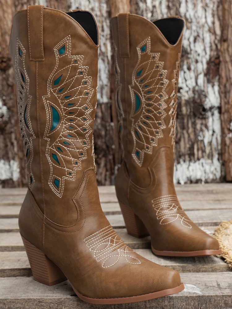 Bottes de chevalier à tête carrée brodée pour femmes