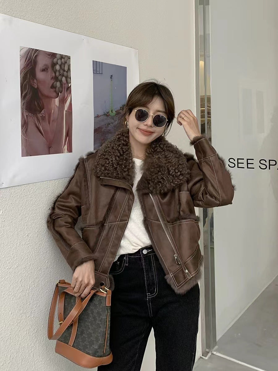 Women's Young Lamb Wool Short Stitching Coat