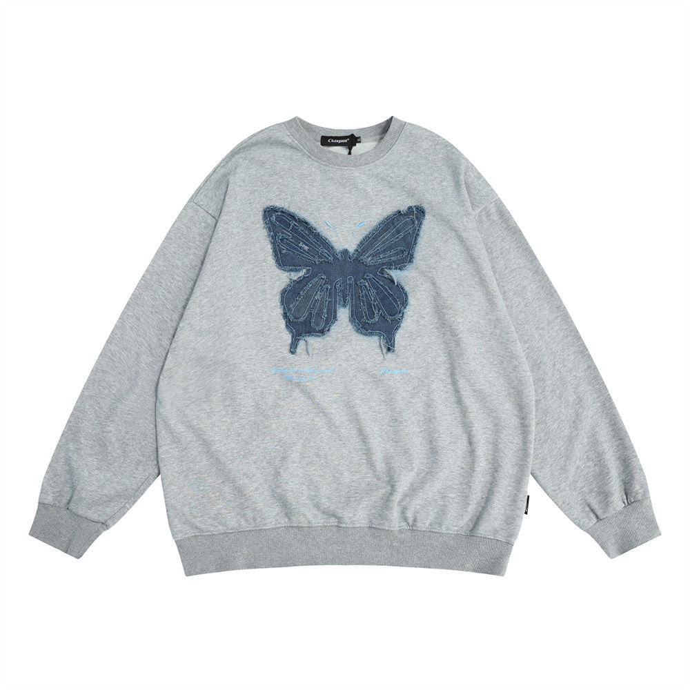 Denim Butterfly Patch Round Neck Sweater Autumn Loose Street