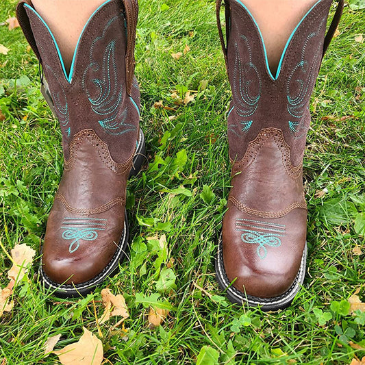 Bottes de cowboy brodées pour femmes Bottes mi-hautes pour femmes d'automne et d'hiver