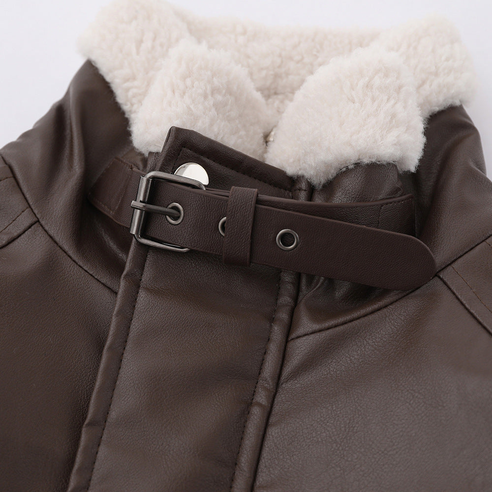 Winter Fleece-lined Thickened Motorcycle Pu Fur Integrated Baggy Coat