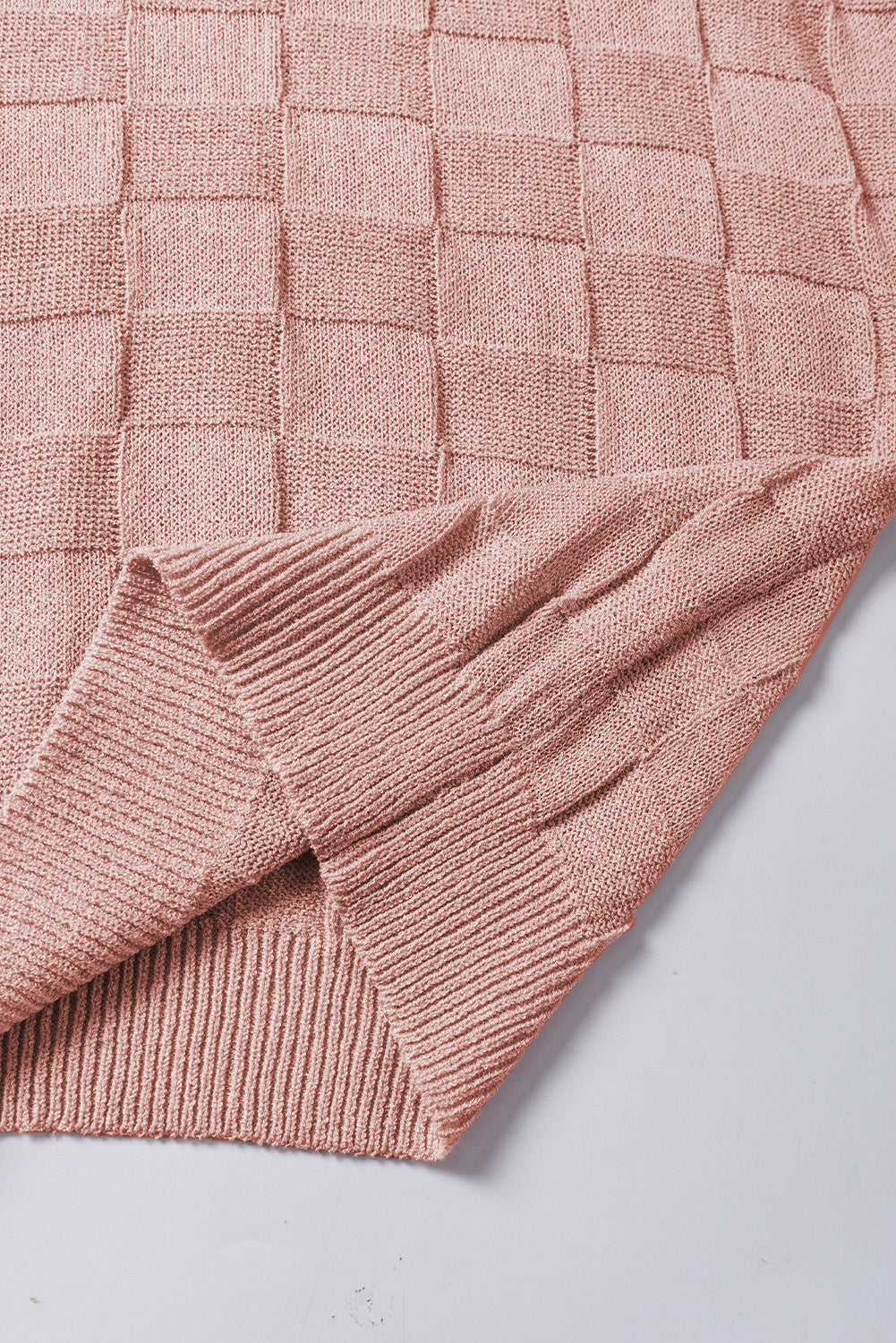 Dusty Pink Lattice Textured Knit Short Sleeve Sweater