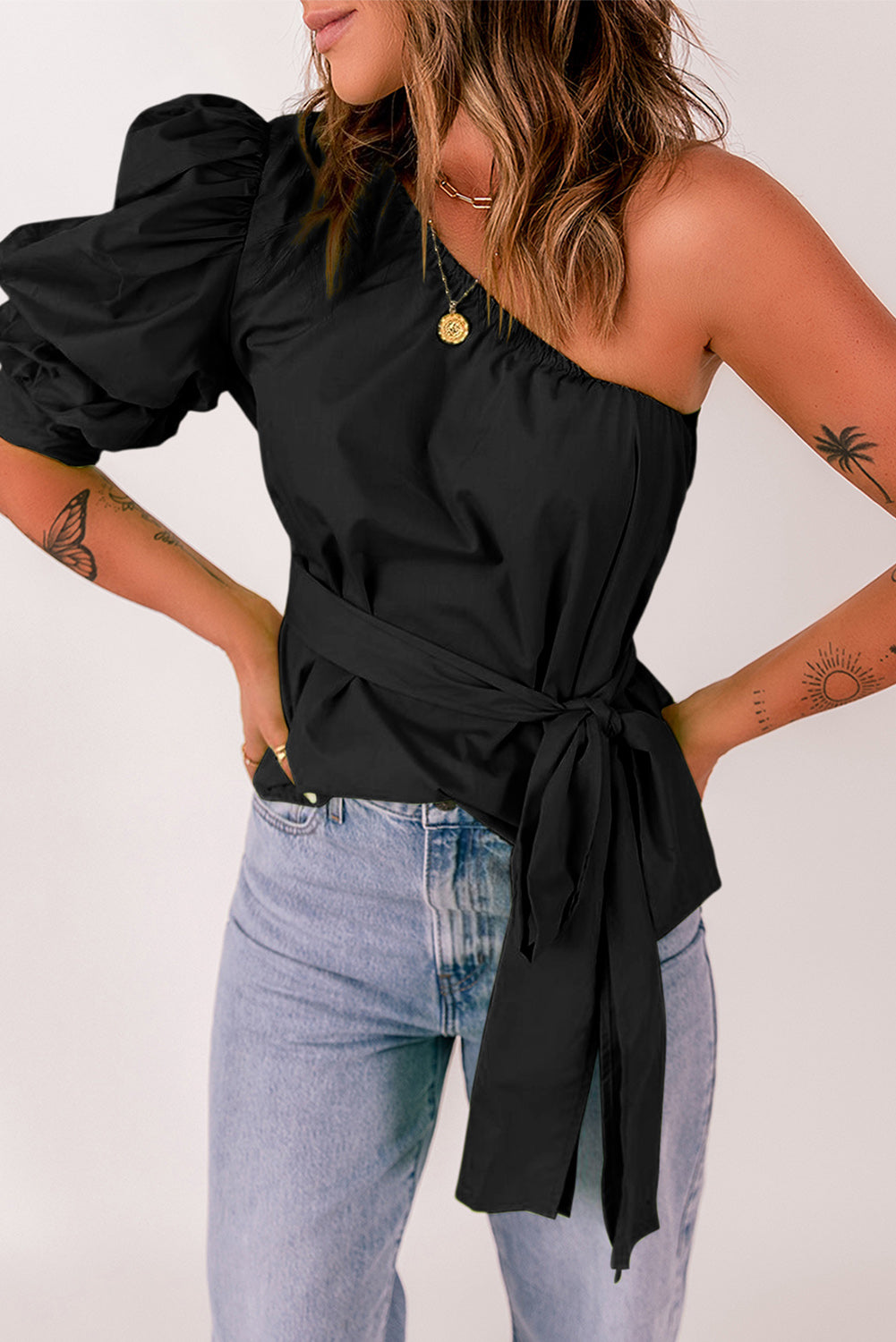 Tied Puff Sleeve One-Shoulder Top