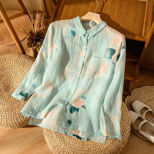 Women's Cotton And Linen Vintage Print Shirt