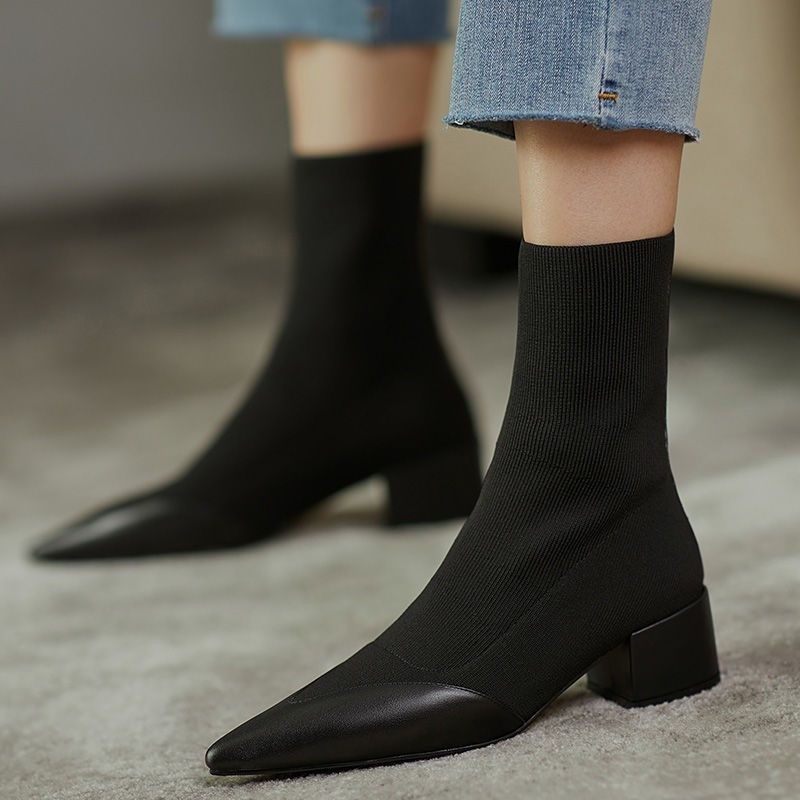 Women's Fashion Woolen Yarn Boots Pointed Chunky Heel Short Boots