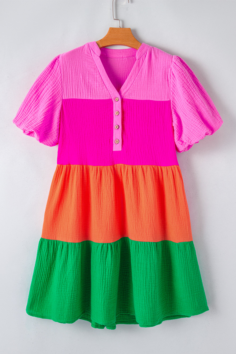 Multicolor Color Block Tiered Puff Sleeve Dress