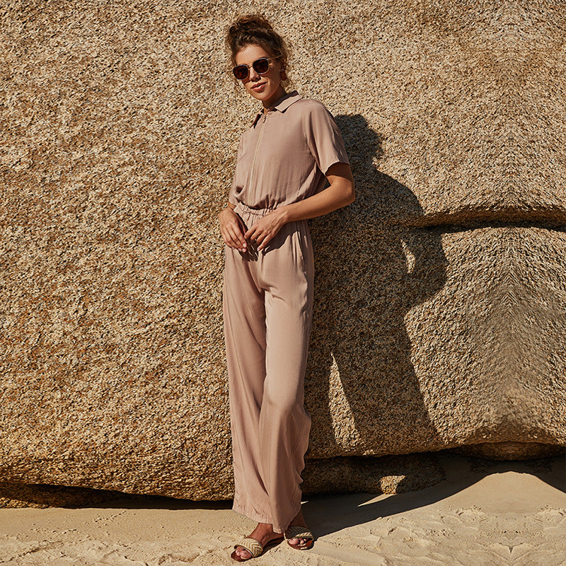 Five-quarter Sleeve One-piece Jumpsuit Zipper And Lapel