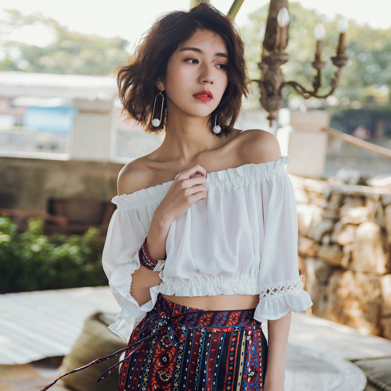 T-shirt court blanc à manches cloche pour femmes, haut de plage, été