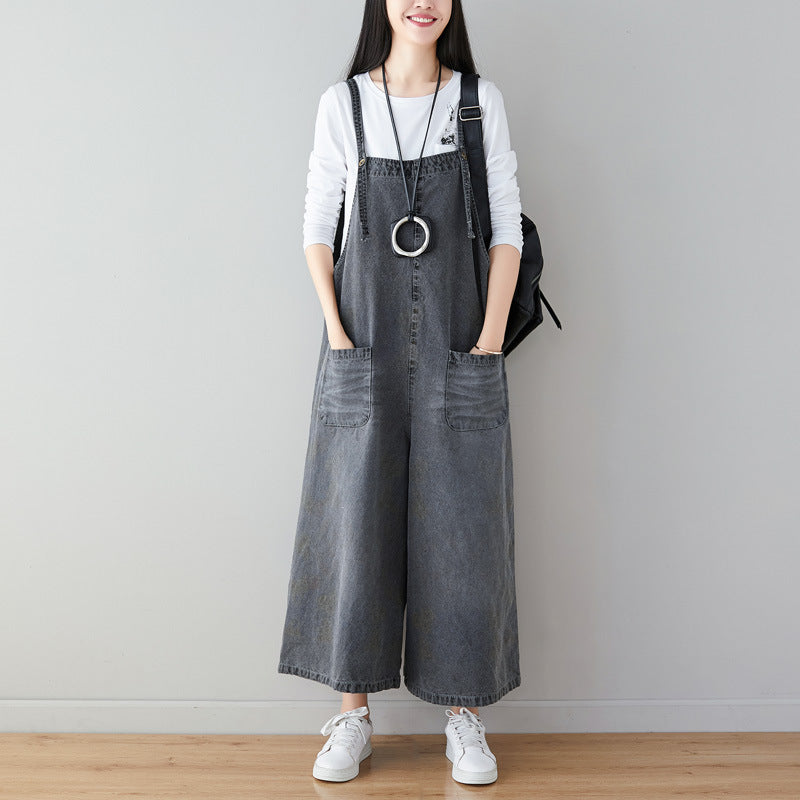 Washed Dark Flower Back Wide-leg Plus Size Women's Overalls