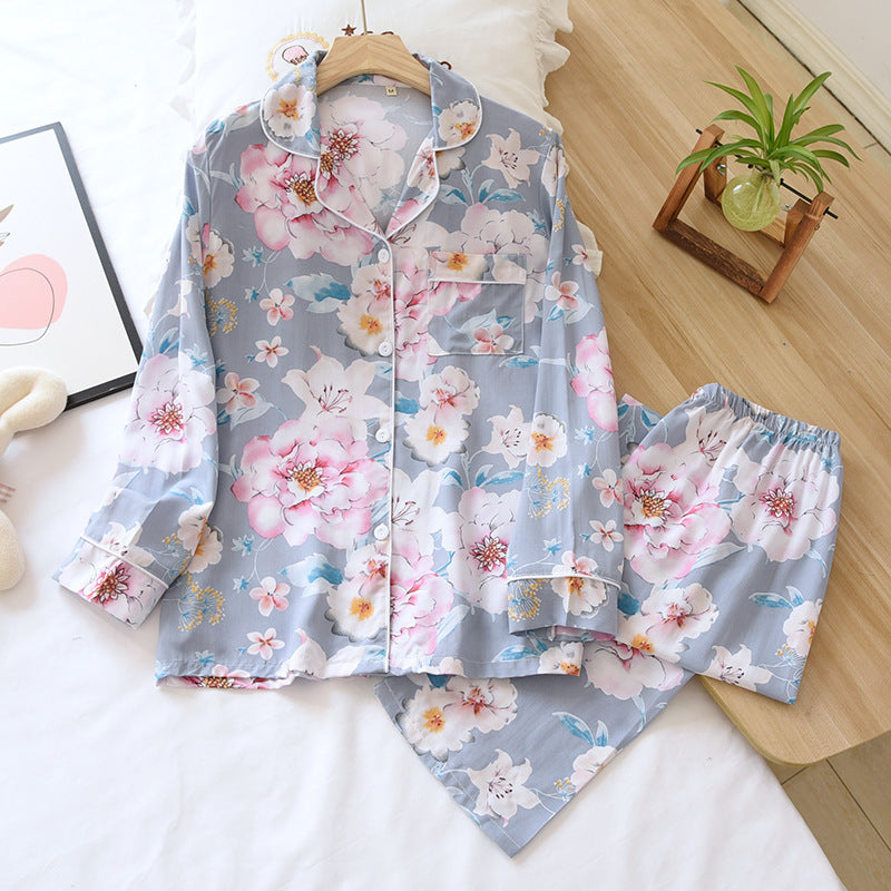 Women's Thin Two Piece Long Sleeve Cotton Silk Pajamas