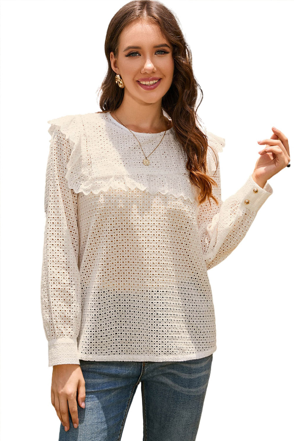 Double Take Ruffled Round Neck Eyelet Blouse