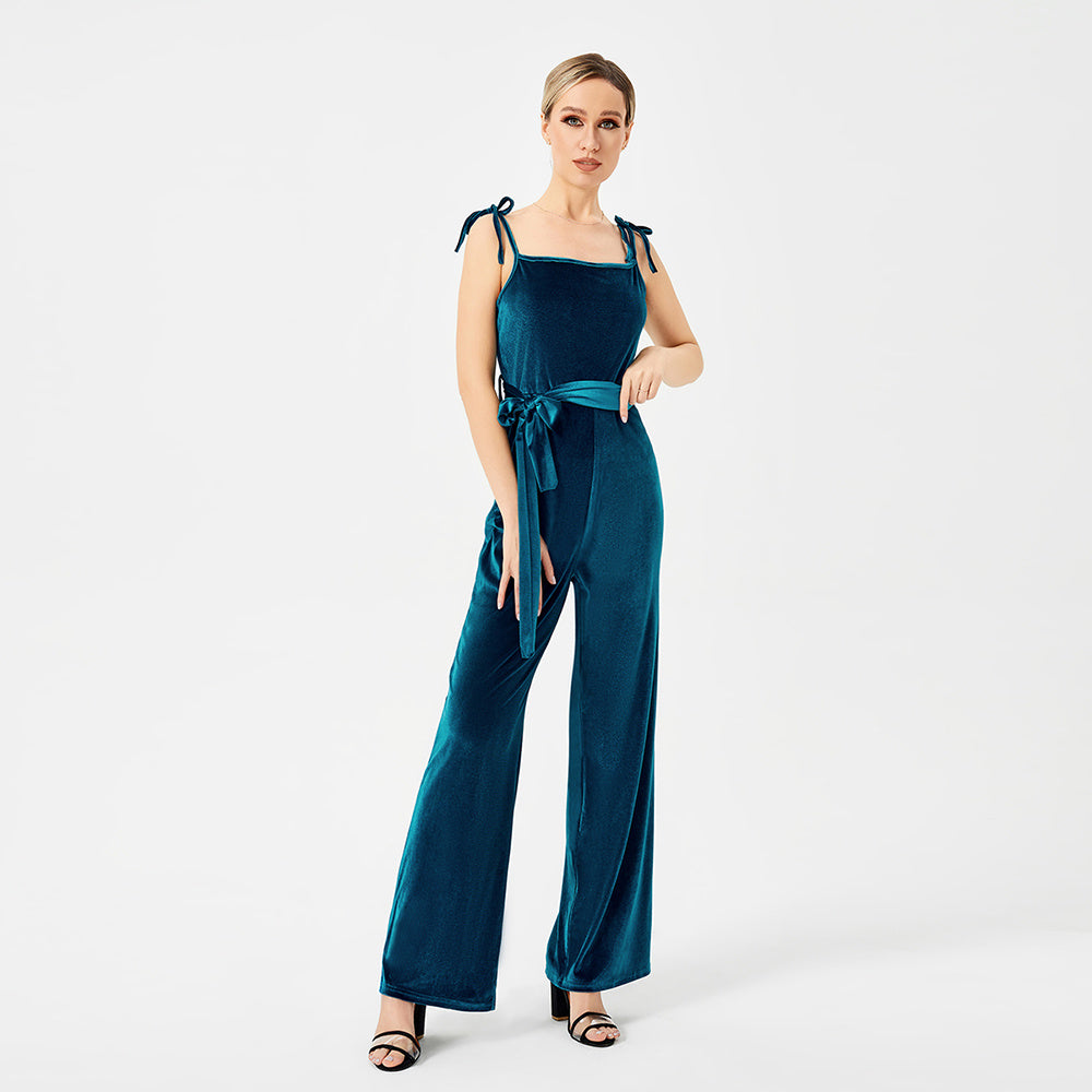 Women's New Halter Tie Velvet Jumpsuit