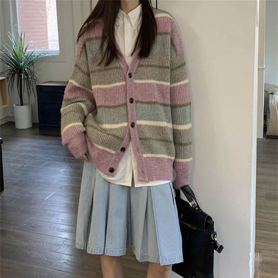 V-neck Japanese Lazy Style Retro Striped Sweater Coat Women