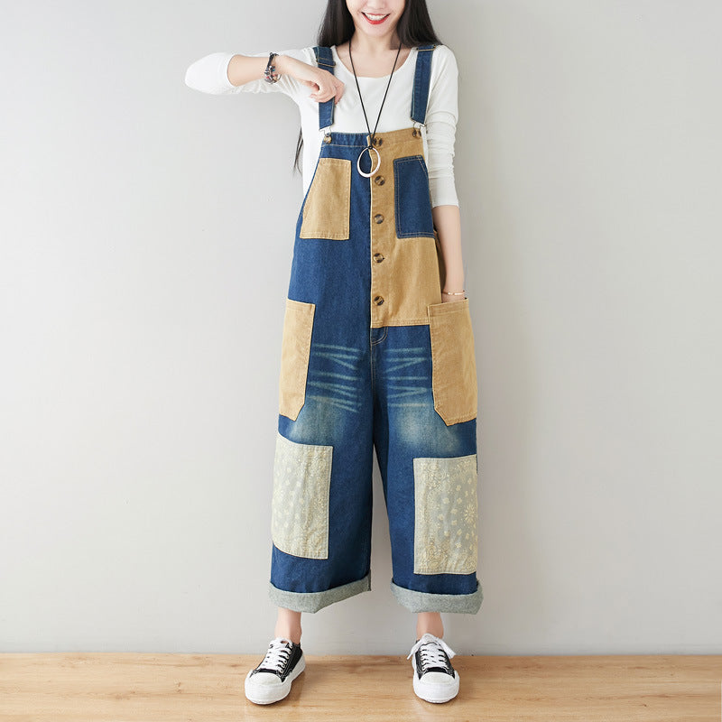 Women's Art Loose Washed White Denim Overalls