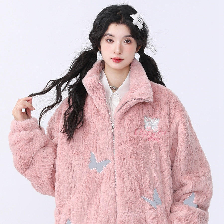 Women's Diamond Lattice Quilted Lining Butterfly Plush Cotton-padded Coat