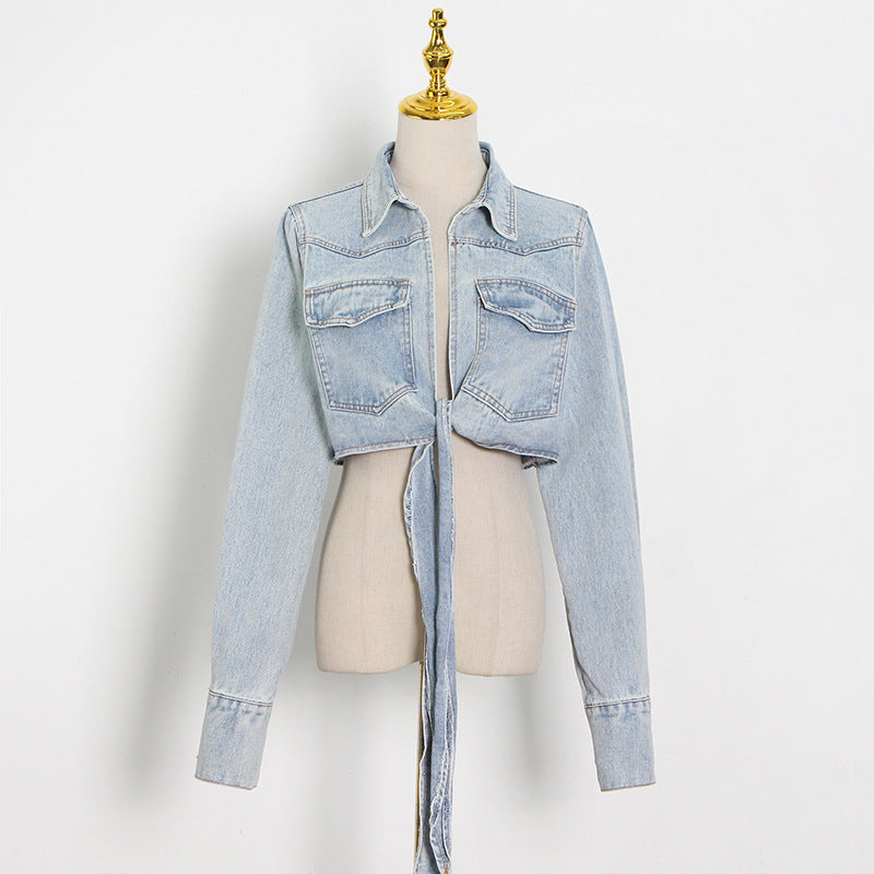 Cropped Cropped Denim Jacket With Tie At The Chest