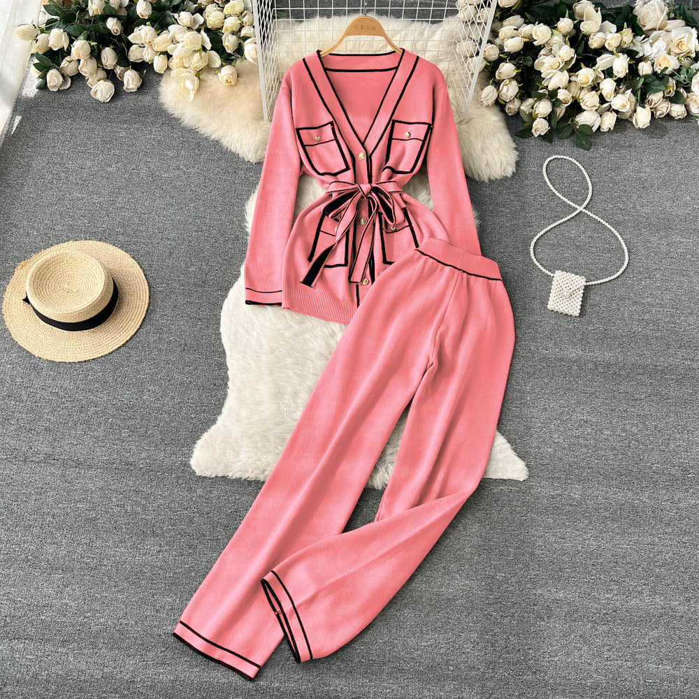 Contrast Color Suit Women's Long Sleeve V-neck Lace-up Knitwear Draping Wide Leg Trousers Two-piece Set