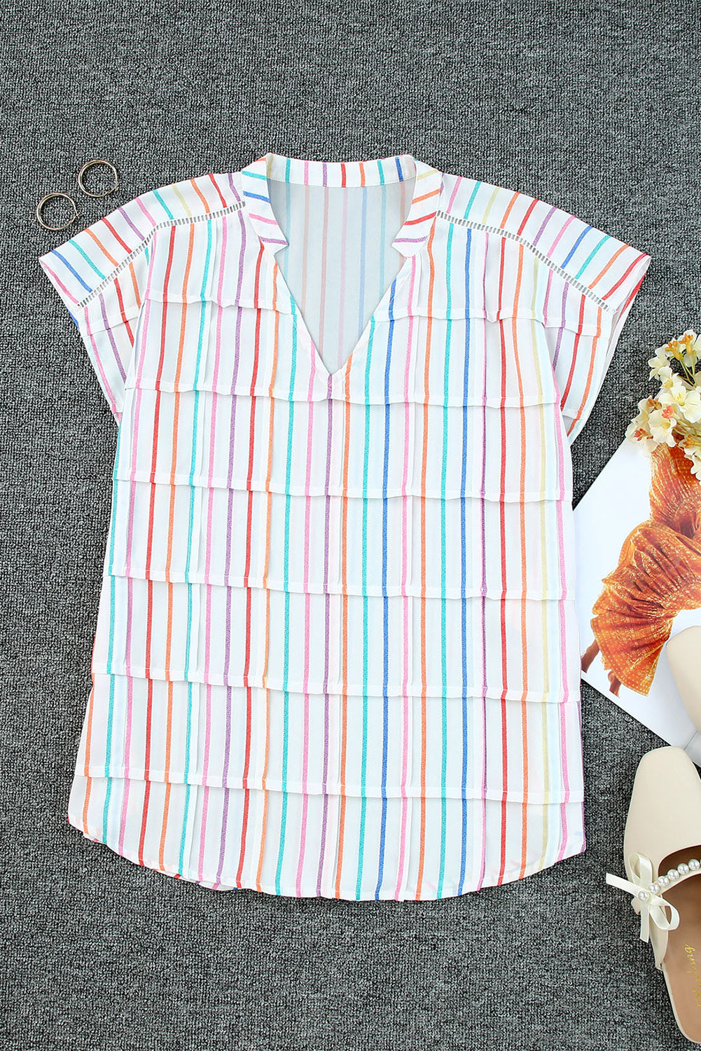 Blusa de manga japonesa con gradas y rayas multicolor