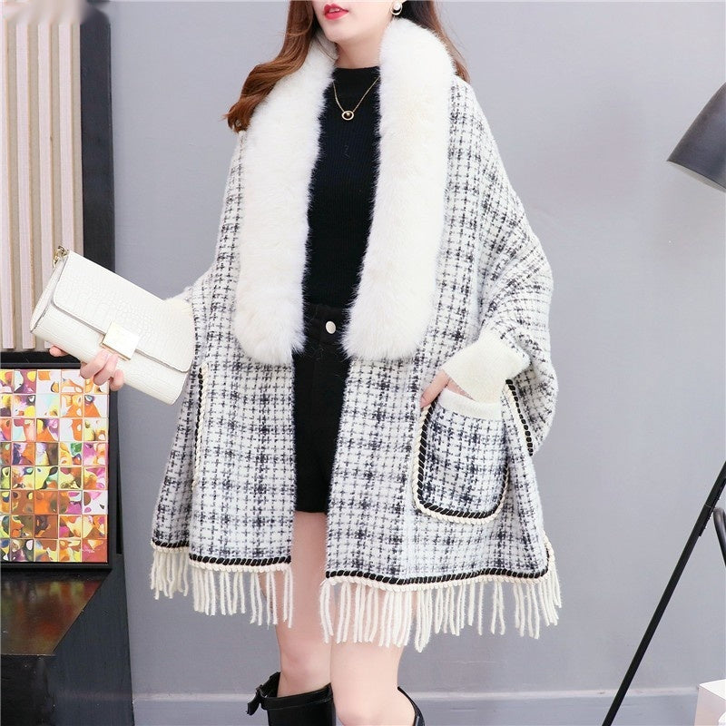 Autumn And Winter New Imitated Mink Cashmere Fur Collar Cape And Shawl Plus Size Tassel Knitted Cardigan