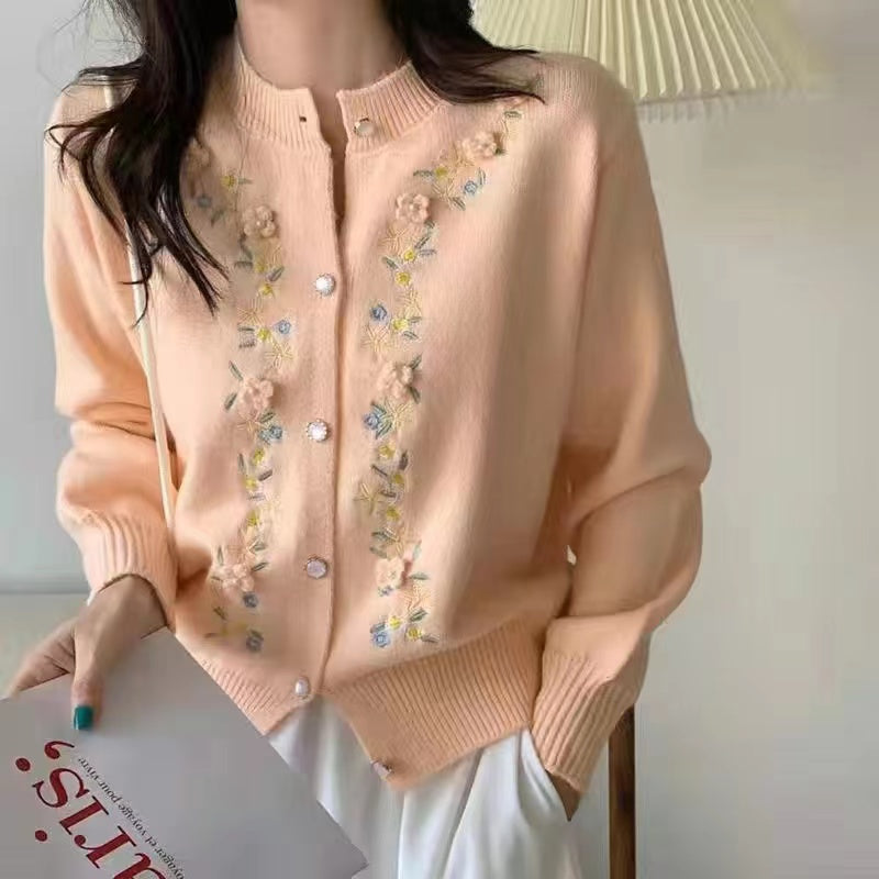 Cardigan tricoté à fleurs tridimensionnelles brodées, manteau pull pour femmes