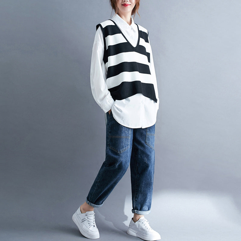 Fat Sister Suit Female Large Size Temperament Fashion Mid-Length Shirt + Striped Knitted Vest