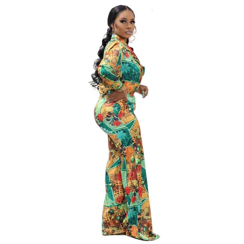 Casual Fashion Digital Printed V-neck Women's Two-piece Suit