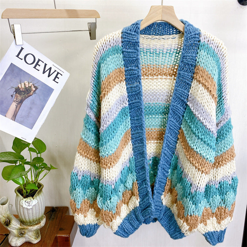 Color Matching Hand-woven Knitting Needle Sweater Outer Wear Cardigan