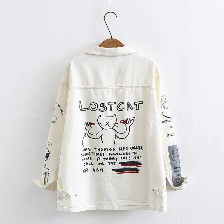 Cartoon Back Cat Print Loose Single-breasted Cardigan Jacket Women