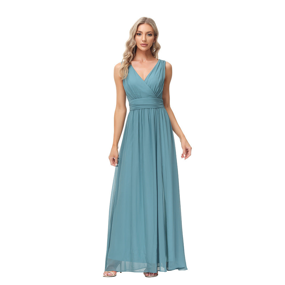 Women's Chiffon Long Dress Double V-neck Sleeveless Evening Dress