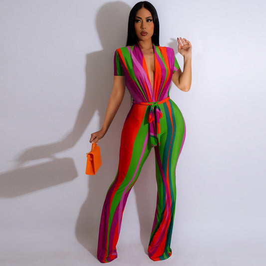 Women's Fashionable Contrasting Striped Printed Jumpsuit