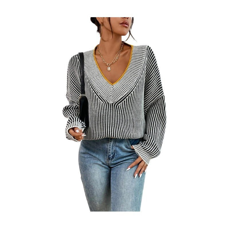 V-neck Loose Slimming Stripes Contrast Color Pullover Knitwear Top