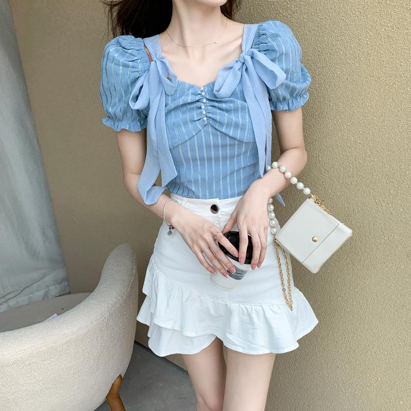 Women's French Bellflower Square Neck Tie Short Sleeve Chiffon Shirt