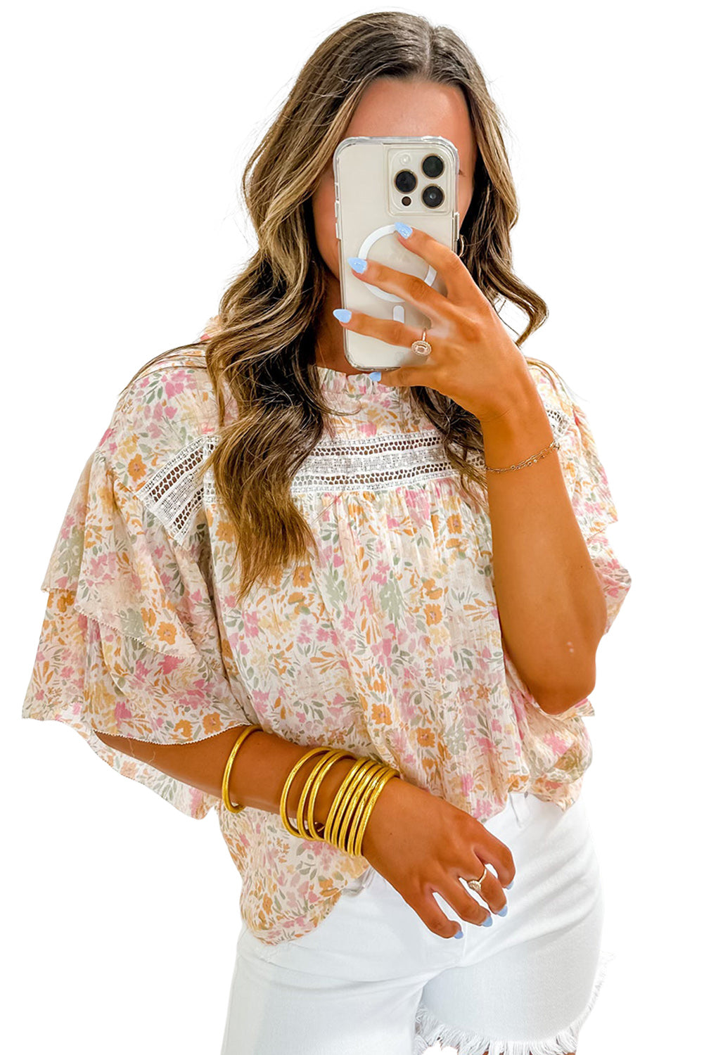 Blusa con mangas anchas y volantes con estampado floral multicolor