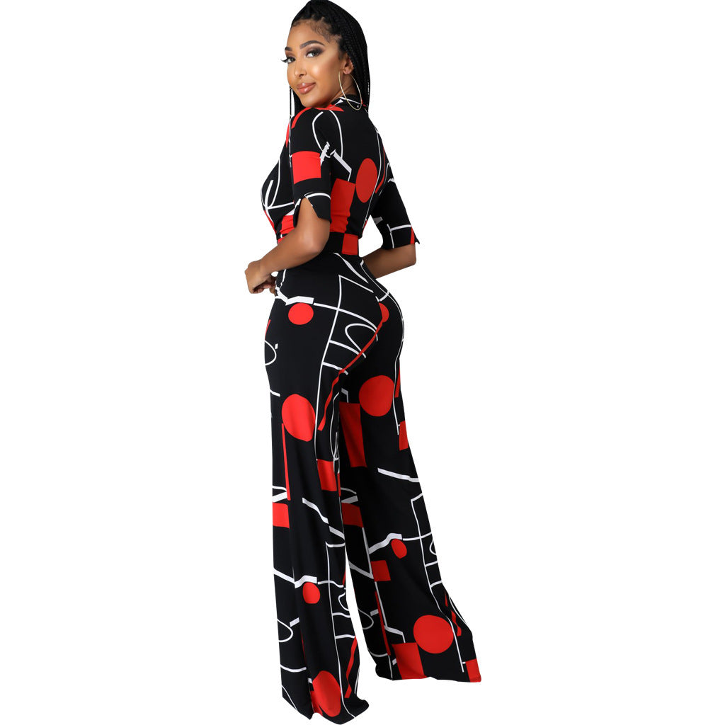 Fashion Digital Printing V-Neck Women's Jumpsuit Long