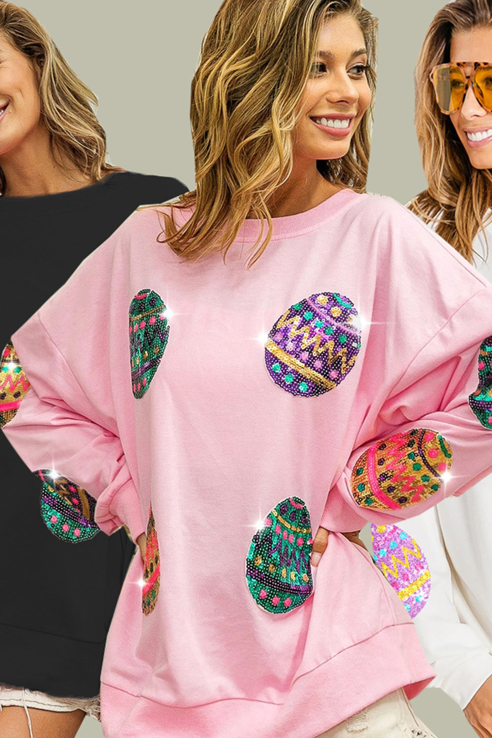 Sudadera extragrande con hombros caídos y huevos de Pascua con lentejuelas rosa