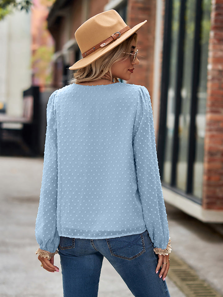 Swiss Dot V-Neck Long Sleeve Blouse