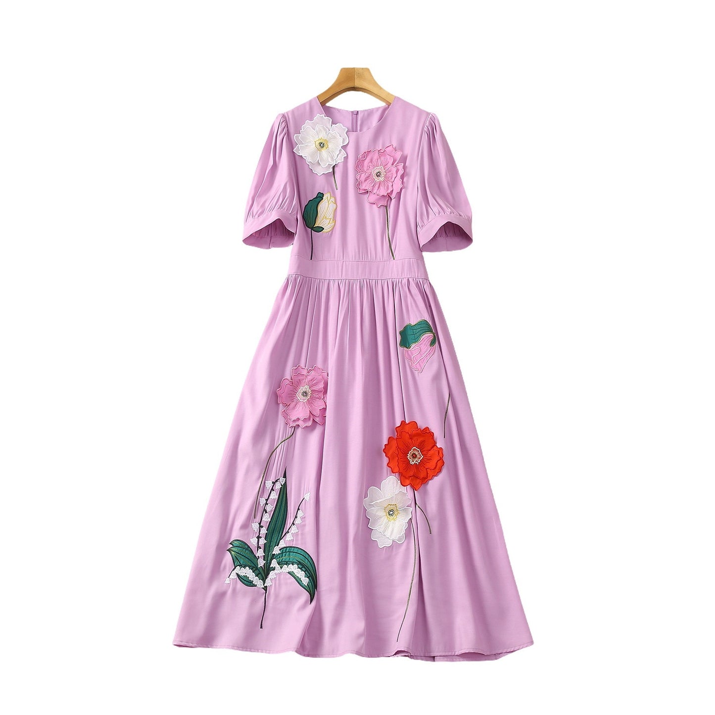 Three-dimensional Stickers Flower Waist-tight Round Neck Short Sleeve Dress