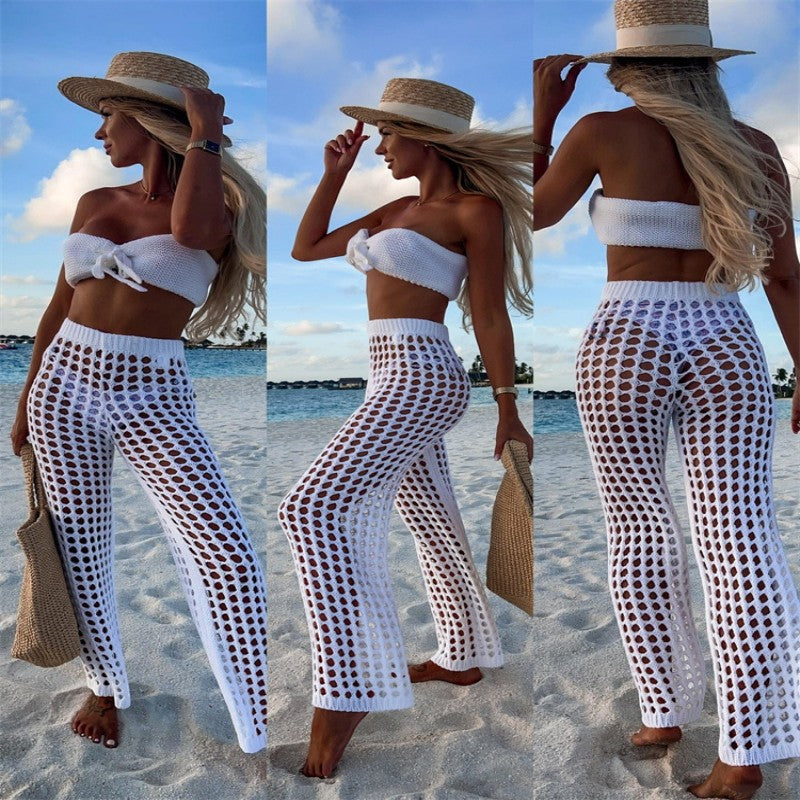 Women's Casual Solid Color Beach Hollow Two-piece Set