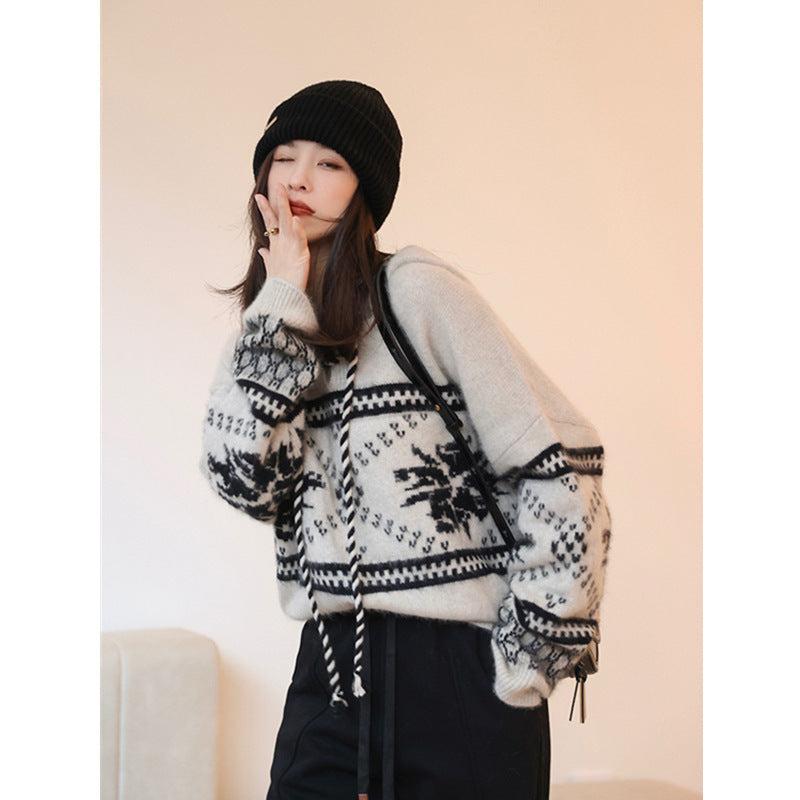 100 Pure Wool Sweater Thicken Lazy Style Base Hooded Sweater