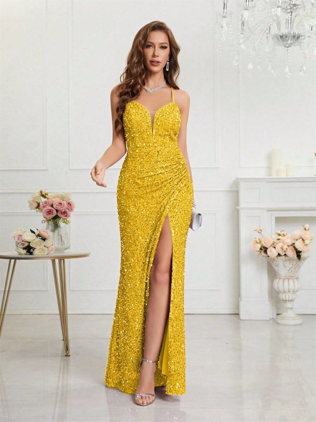 Banquet Temperament Slim Fit Daily V-neck Sequins Dress