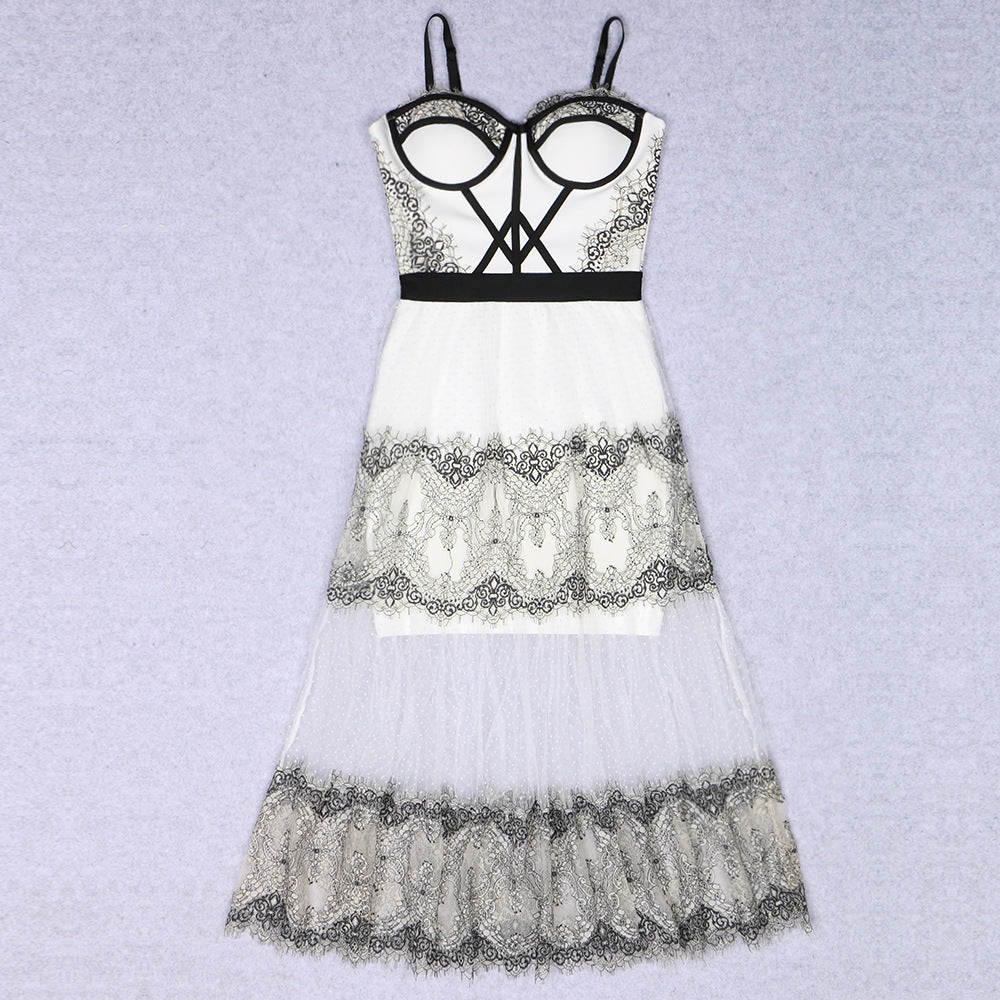 White Suspender Tube Top Lace Mesh Bandage One-piece Dress