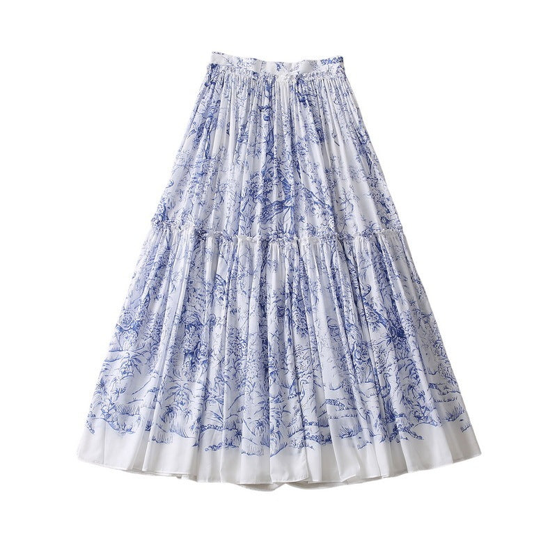 Blue Flower Pleated Large Skirt With Flowers And Birds Thin Cotton Skirt