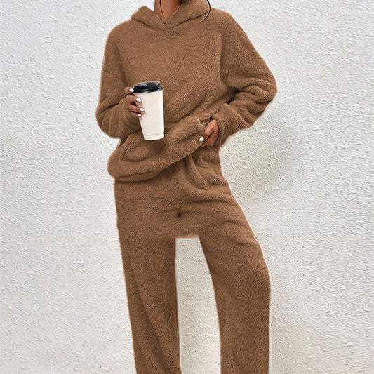 Fleece-lined Hooded Long Sleeve Dimensional Patch Pocket Casual Trousers Solid Color Suit